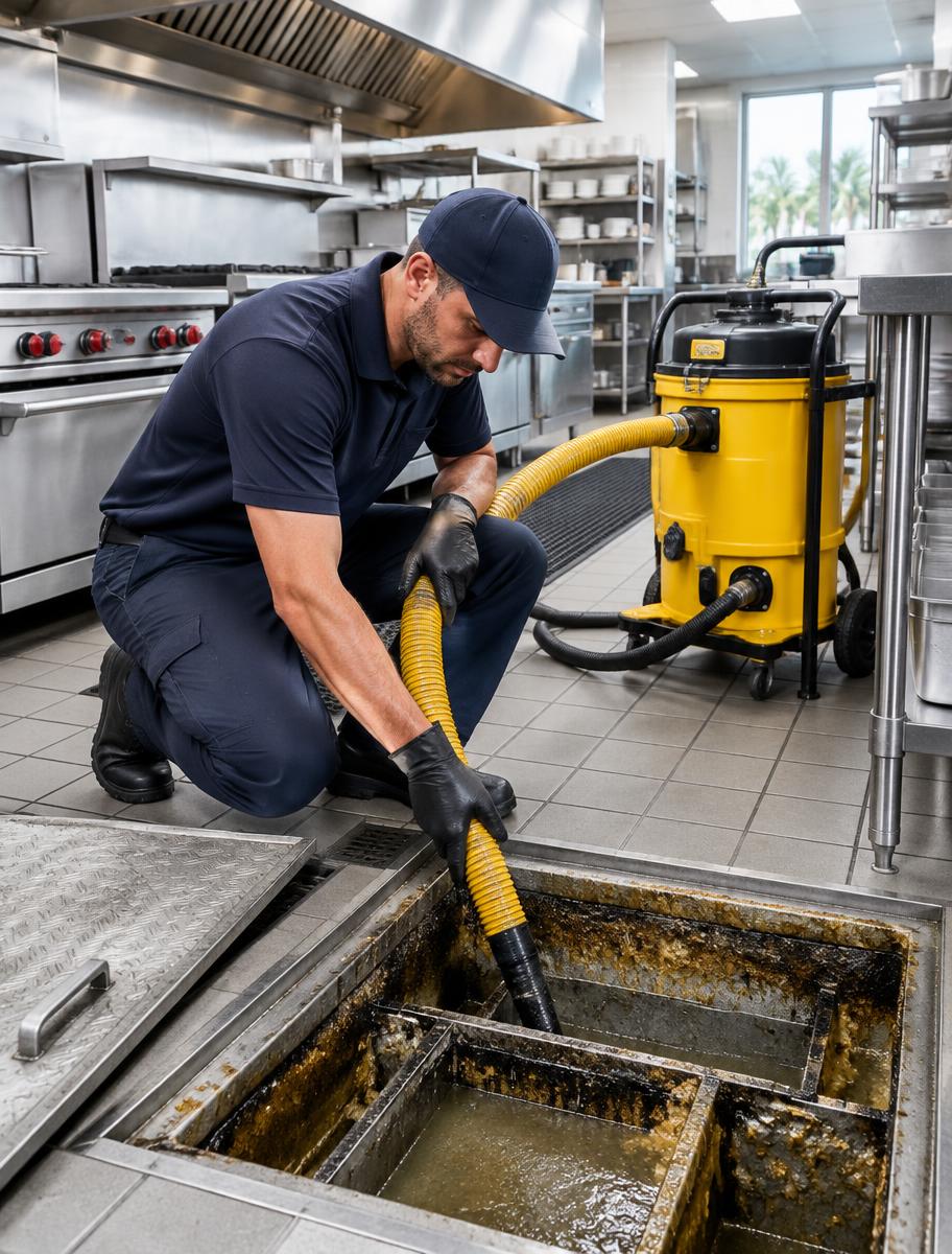 Technician cleaning a commercial grease trap